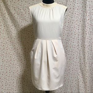 White beaded dress- pockets, midi  •very classy•